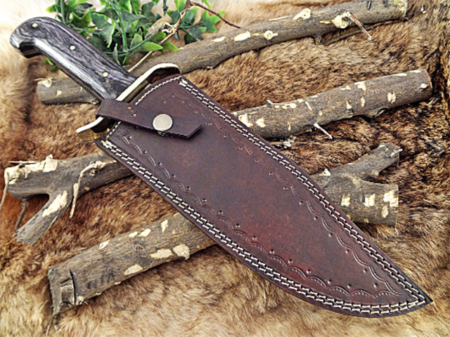 15' long hand forged Damascus steel hunting Bowie knife with brass finger guard, 2 tone over 5' Dollar wood scale, Cow hide Leather sheath