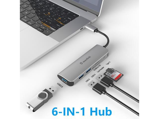Wavlink Aluminum 6 Ports USB C Hub Powered 65W Charging, Mini USB 3.0 Hub for Laptop with 10.5cm/0.35ft Cable, 3xUSB 3.0, 1xUSB C, 1xSD/TF Card.