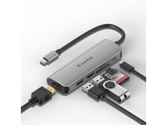 Wavlink USB C Hub, 6-Port USB 3.0 Hub Powered 65W Charging, Mini USB C Hub 3.0 for Laptop with 10.5cm Cable, 2xUSB 3.0, 1xUSB C, 1xHDMI, 1xSD/TF.