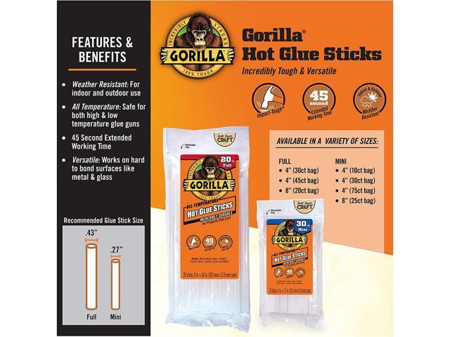 gorilla hot glue sticks, full size, 8' long x .43' diameter, 20 count, clear, (pack of 1)