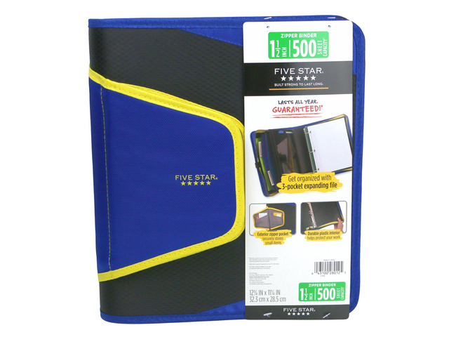 Five Star 1-1/2 inch Zipper Binder: 3-pocket file (Blue, Black & Yellow) 28012-BBY