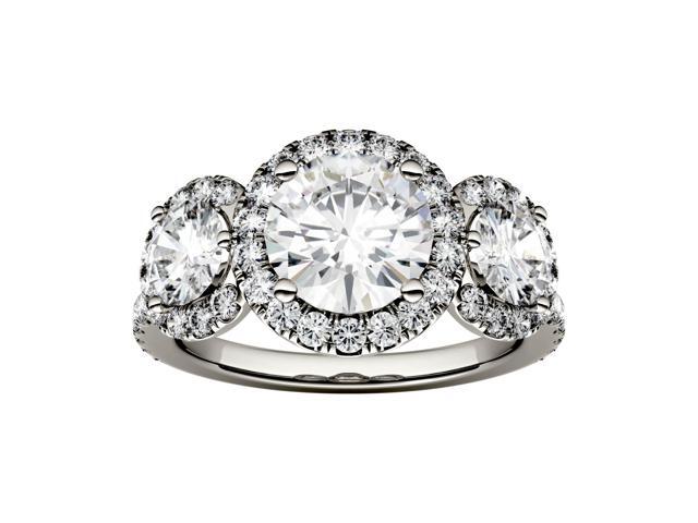 14K White Gold Moissanite by Charles & Colvard Round Three Stone Halo Ring-size 6 3.09cttw DEW