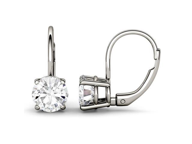 14K White Gold Moissanite by Charles & Colvard 6.5mm Round Leverback Earrings, 2.00cttw DEW