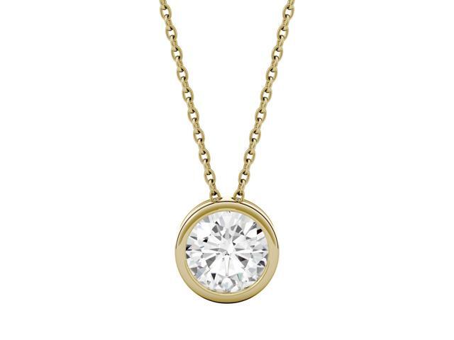 14K Yellow Gold Moissanite by Charles & Colvard 6.5mm Round Pendant Necklace 1.00ct DEW