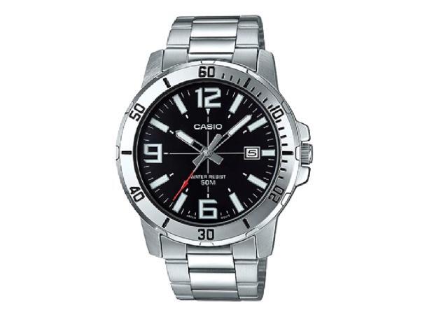 Casio Mens Analog Stainless Steel Band and Case Silver Black Dial 50-meter Water Resistance Watch MTP-VD01D-1BVUDF
