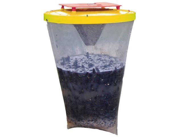 Red-topped outdoor disposable fly bags, fly capture bags, fly-killing bags, fly trapping bags, fly trap bags