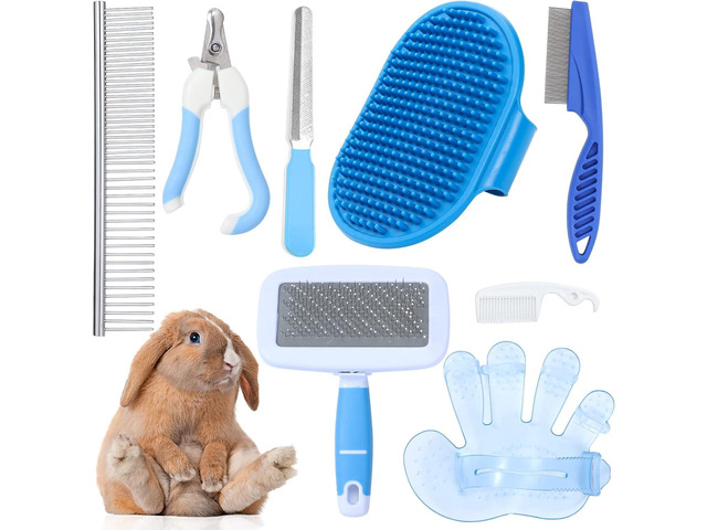 8 PCS Small Animal Grooming Kit Professional Pet Set with Shedding Slicker Brush Bath Glove Nail Clipper Flea Comb -Sided for Rabbits Guinea Pigs...