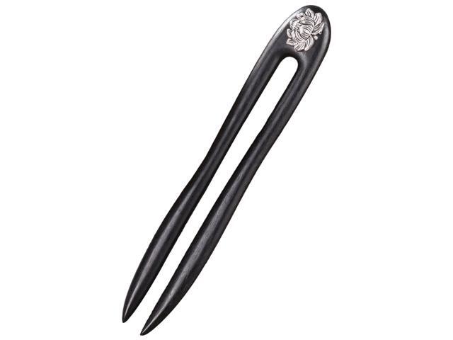 Hair Accessories for Long Hair, Black U Shaped Hair Pin with Silver Flower, Women's Wooden Hair Stick, Classic