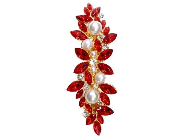 Women's Red Rhinestone Floral Hair Clip, Pearl Barrette, Korean Style Ponytail Holder, 3 X 1.1 X 0.9 in