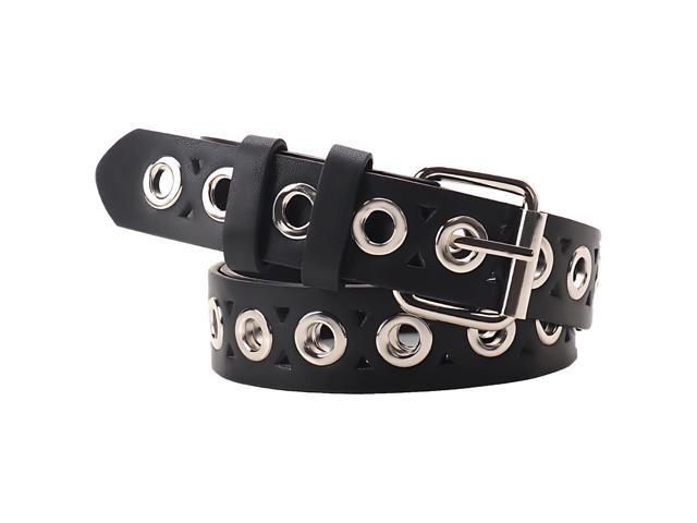 Pu Leather Grommet Belt For Women And Men, Black Punk Waist Belt, Hollow Design, 110 X 2.8Cm