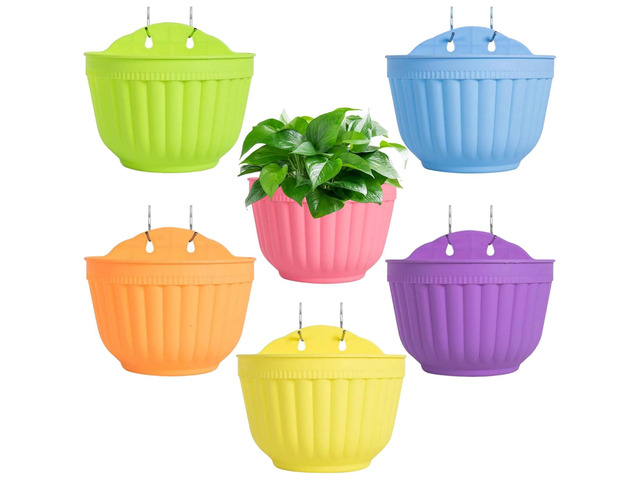 6 Pcs Colorful Resin Wall, Small Hanging Flower Pots with S Hooks for Garden and Fence Decor