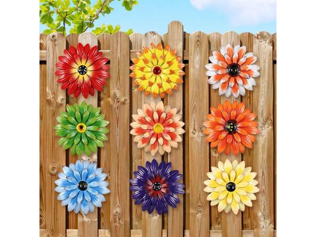 8' Metal Flower 3D Wall Decors, 9 Pcs Multicolored Sunflower Hanging Arts for Home, Garden, Office, Yard, Layered Daisy Indoor Outdoor Decorations