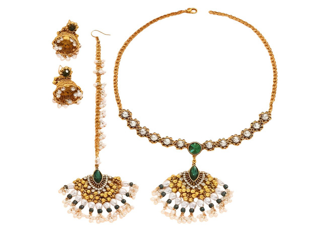 4 Pcs Boho Jewelry Set With Tassels, Crystal Flower Necklace And Head Chain, Green Indian Jewelry Set For Women, Middle Eastern Style