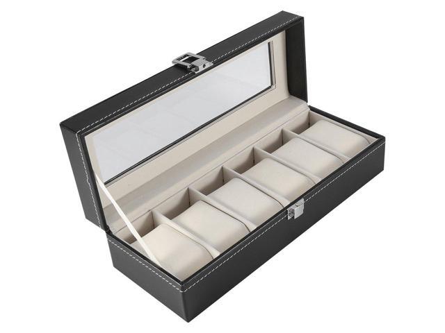 High Grade PU Leather 6 Slots Storage Case Multi-functional Watch Jewellery Organizer with Transparent Window Metal Clasp Elegant Display Box for.