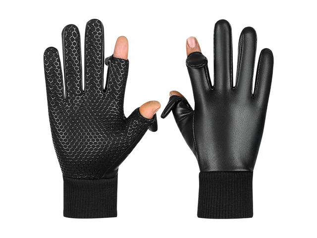 Non-Slip Warm Faux Leather Outdoor Two-Finger Flap Touchscreen for Men Ideal Cycling Sports Fishing and More