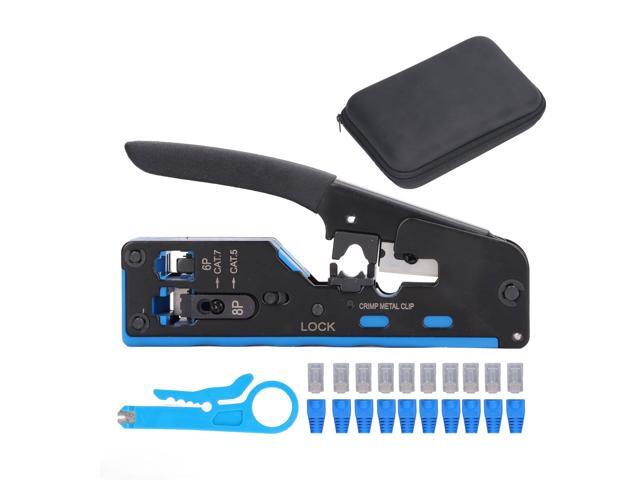 RJ45 Crimp Tool Kit, Ethernet Crimper for 8P 6P RJ Connectors, Pass Through Design with Cutting Stripping Functions for Cat5 Cat5e Cat6 Network Cables