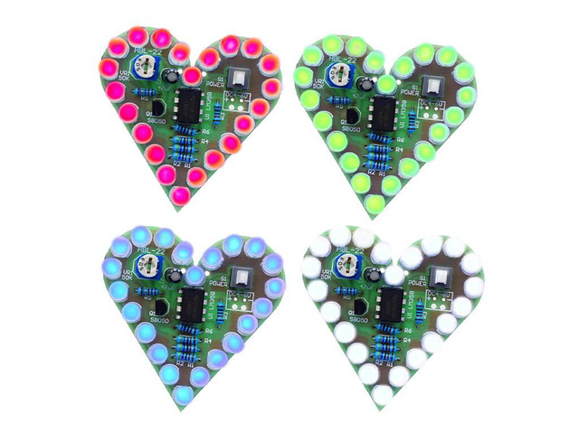 4-Set Heart Shaped LED Flashing Light DIY Kit with PCB DC 4-6V Red Green Blue White Color, Heart Soldering Practice Kit for Learning Electronics