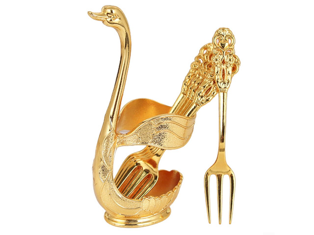Swan-Style Metal Cutlery Holder for Fruit Forks & Dessert Spoons Zinc Alloy Tabletop Organizer with Hollow Retro Design, Golden or Silver Fi(B)