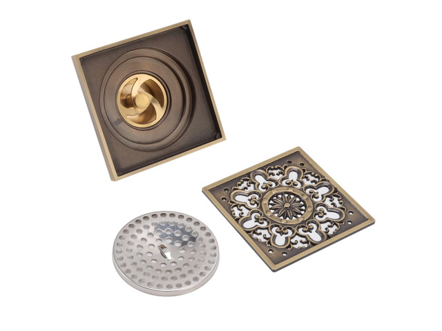 Copper Floor Drain Squared Retro Large Flow Odor Proof Shower Drain, Bathroom Floor Drain with Flower Carving Design, for Kitchen Garage Basement...