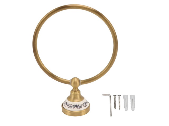 Antique Brass Towel Ring, Wall Mounted Bathroom Hand Towel Holder with Blue and White Porcelain Decal, Rust Stainless Steel Towel Hanger for Modern...