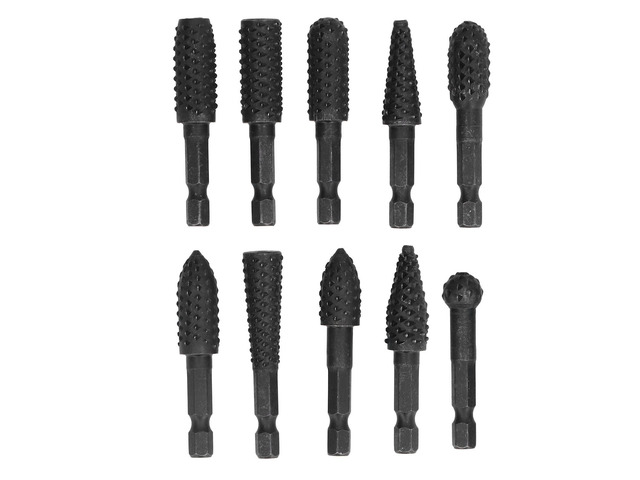 10Pcs Woodworking Grinding Drill Bits Set, 1/4in Hex Shank Rotary Burr Engraving Files for Soft Wood Plastic Rubber, Blackened 45 Steel Rasp Cutter...