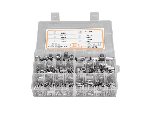 250PCS Rivet Nut Assortment Kit, 304 Stainless Steel Flat Head Insert Nut with M3 M4 M5 M6 M8 M10 Threads, Blind Rivet Nuts for Steel Plastic...