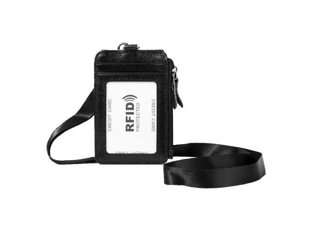 RFID Blocking Cowhide Credit Card Holder with Vertical Lanyard, ID Badge Wallet Featuring Transparent Slot and Removable Neck Strap for Secure...