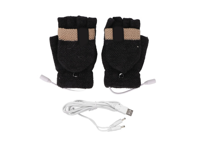 USB Heated Half Finger Gloves, Electric Heating Knitting Gloves with Foldable Finger Covers, Washable Cotton Gloves with USB Plug for Outdoor...
