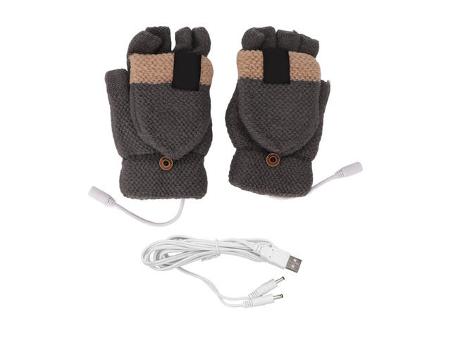 USB Heated Half Finger Gloves, Electric Heating Knitting Gloves with Foldable Finger Covers, Washable Cotton Gloves with USB Plug for Outdoor...