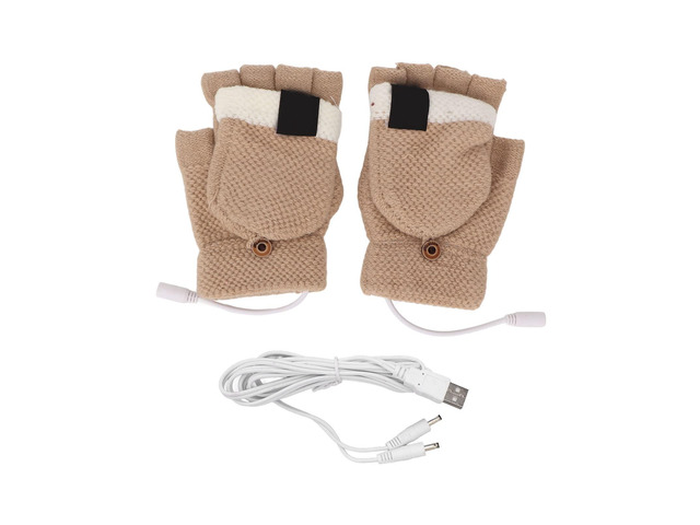 USB Heated Half Finger Gloves, Electric Heating Knitting Gloves with Foldable Finger Covers, Washable Cotton Gloves with USB Plug for Outdoor...