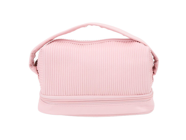 Wide Open Makeup Bag, Double Layer Cosmetic Bag, Large Capacity PU Leather Flat Open Organizer with Brush Pockets for Travel Toiletries Pink