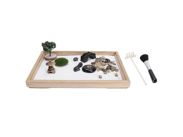 Zen Sand Garden Kit, Japanese Mini Meditation Desktop Decoration with Resin Stones Bamboo Board and Sand for Home Office Stress Relief