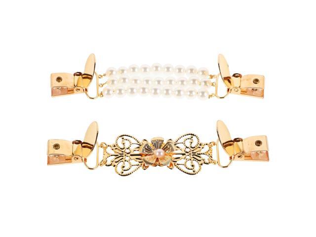 Pearl Sweater Chain Clips Set 2pcs Vintage Metal Cardigan Collar Brooches Decorative Shawl Clips for Women Clothing Accessories