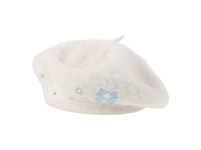 Fuzzy Beret Hat with Bow Womens Warm Plush Faux Rabbit Fur Artist Cap White M (56-58cm) Cozy Fashionable Beret for Autumn Winter