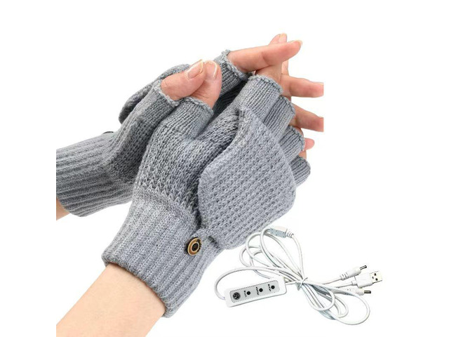 USB 5V Knitted Heated Gloves, Half Finger Flip Design with Double Sided Heating for Men Women, USB Powered Hand Warmers for Office Computer Use in...