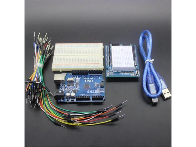5 in 1 UNO R3 Board + Prototype Shield + Breadboard Jumper Wires + 400 tie breadboard for Ardui UNO R3 KIT