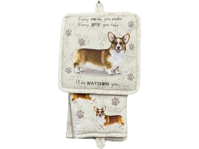 E & S Pets Welsh Corgi 3 Piece Kitchen Set - Oven Mitt, Towel, Pot Holder