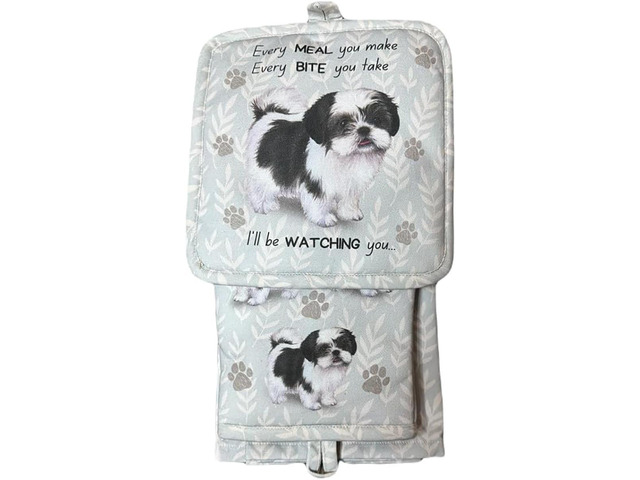 E & S Pets Black/White Shih Tzu 3 Piece Kitchen Set- Oven Mitt, Towel, Pot Holder