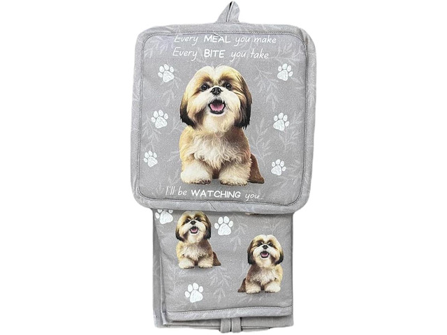 E & S Pets Tan Shih Tzu 3 Piece Kitchen Set - Oven Mitt, Towel, Pot Holder