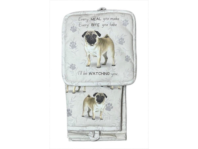 E & S Pets Pug Dog 3 Piece Kitchen Set - Oven Mitt, Towel, Pot Holder