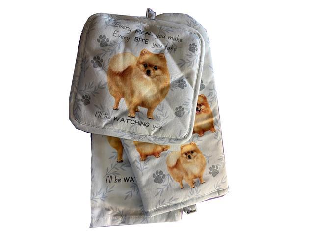 E & S Pets Pomeranian Dog 3 Piece Kitchen Set - Oven Mitt, Towel, Pot Holder