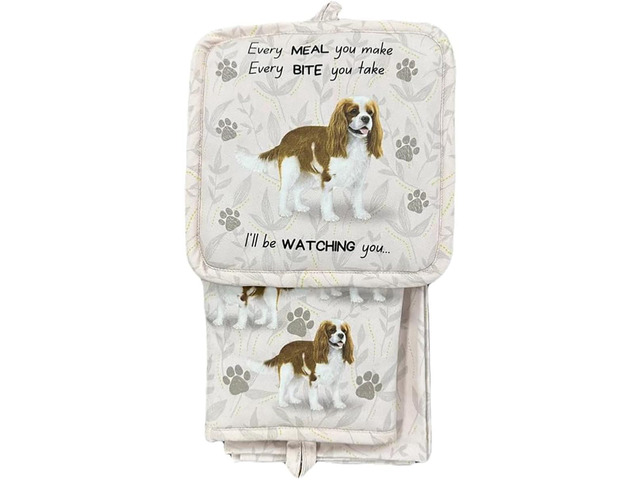 E & S Pets King Charles Cavalier 3 Piece Kitchen Set-Oven Mitt, Towel, Pot Holder