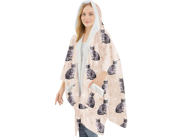E & S Pets Snuggs Blanket Hoodie for Women Soft Fleece Wrap, Silver Tabby Cat