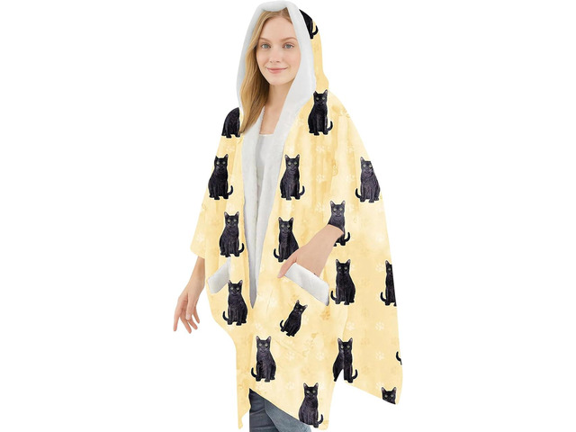 E & S Pets Snuggs Blanket Hoodie for Women Soft Fleece Wrap, Black Cat