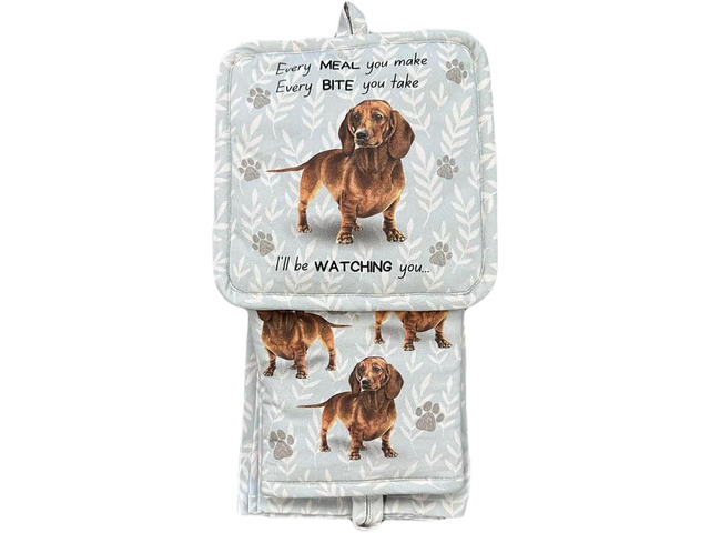 E & S Pets Red Dachshund 3 Piece Kitchen Set - Oven Mitt, Towel, Pot Holder