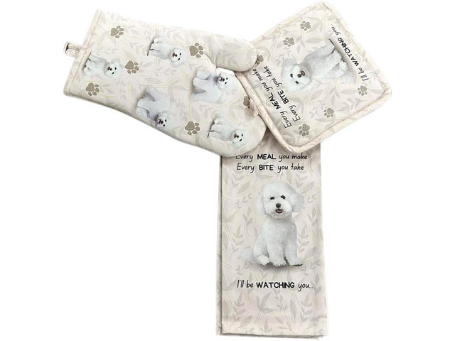 E & S Pets Bichon Frise Dog 3 Piece Kitchen Set - Oven Mitt, Towel, Pot Holder