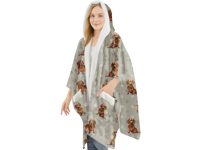 E & S Pets Snuggs Blanket Hoodie for Women Soft Fleece Wrap, Red Dachshund