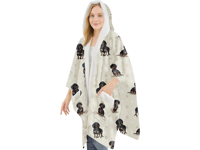 E & S Pets Snuggs Blanket Hoodie for Women Soft Fleece Wrap, Black Dachshund