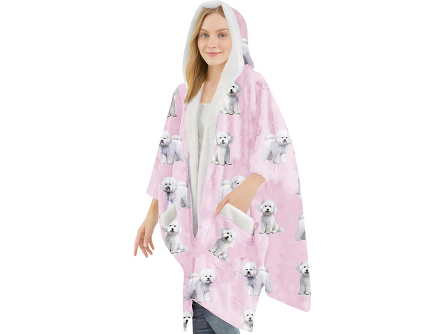 E & S Pets Snuggs Blanket Hoodie for Women Soft Fleece Wrap, Bichon Frise