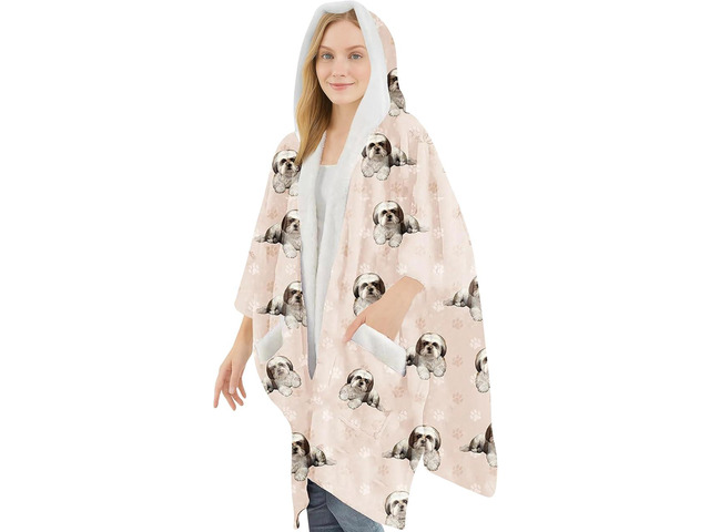 E & S Pets Snuggs Blanket Hoodie for Women Soft Fleece Wrap, Tan White Shih Tzu